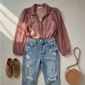 Lulu's Sheer Pink Dot Puff Sleeve Blouse